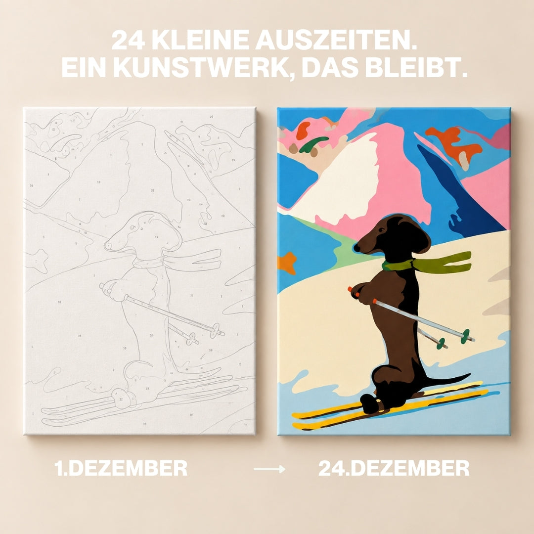 Dackel Abfahrt - Malen nach Zahlen Adventskalender
