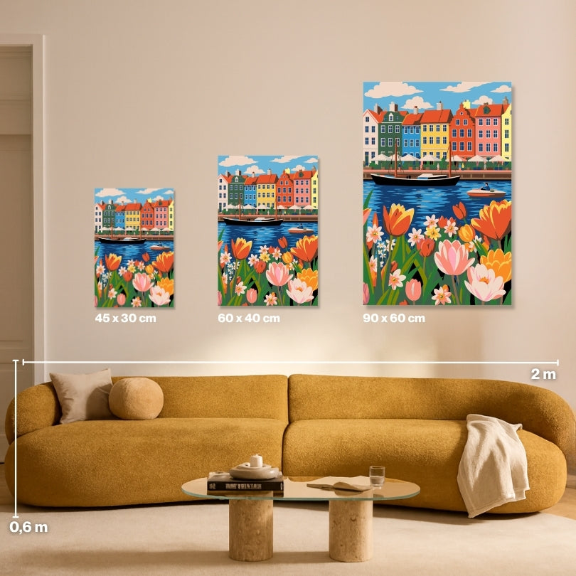 Malen nach Zahlen für Erwachsene – Copenhagen Bliss: Größenvergleich Leinwand 45x30, 60x40, 90x60 cm | Habitus DIY Malset