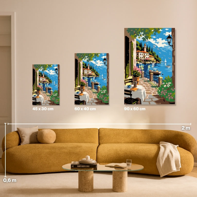 Malen nach Zahlen für Erwachsene – Lago di Como: Größenvergleich Leinwand 45x30, 60x40, 90x60 cm | Habitus DIY Malset