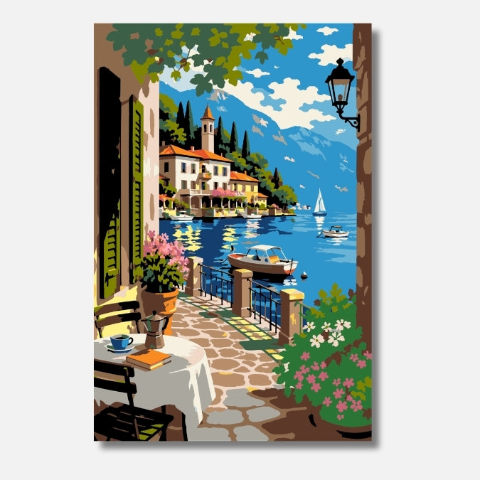 Malen nach Zahlen für Erwachsene – Lago di Como: Italienische Seepromenade mit Terrasse und Booten | Hochwertiges DIY Malset von Habitus