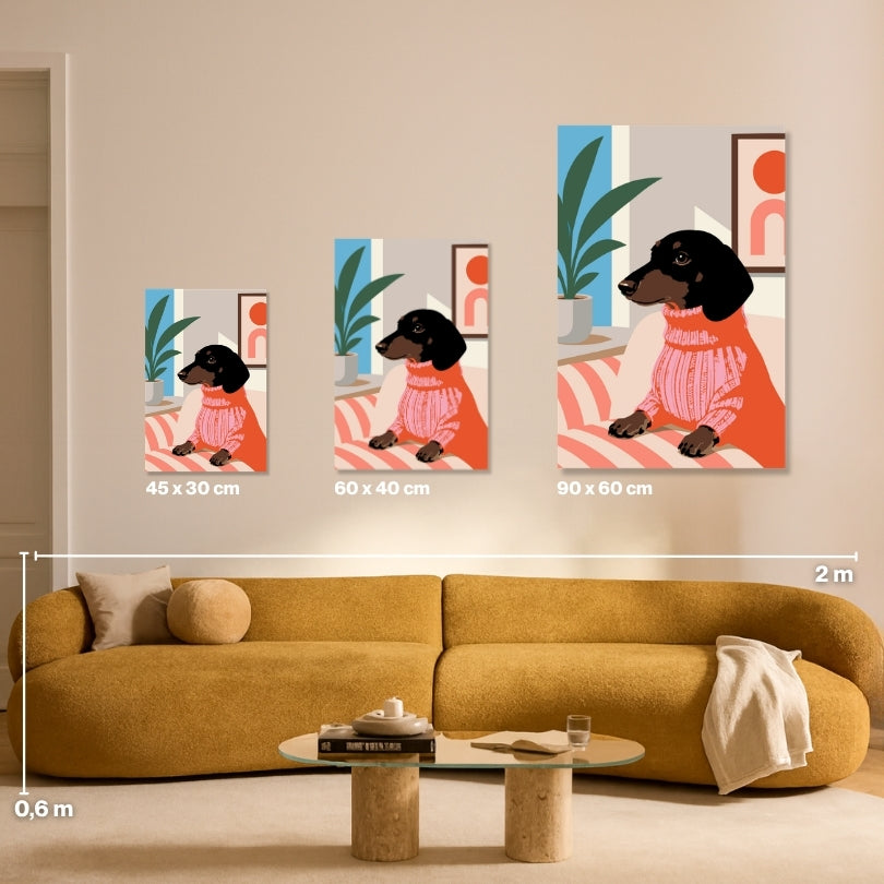 Malen nach Zahlen Groessen Vergleich Cozy Sausage Dackel Leinwand 45x30 60x40 90x60 cm - habitus studio