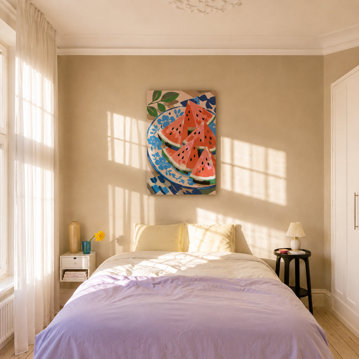 Fertiges Malen-nach-Zahlen-Bild Wassermelone als Wanddeko im Schlafzimmer