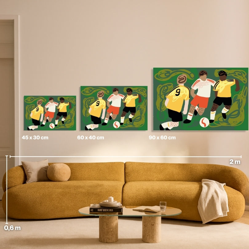 Meiner Malen nach Zahlen Größenvergleich: Fußball-Spieler Motiv in 45x30, 60x40 und 90x60 cm als Wandbild für Erwachsene