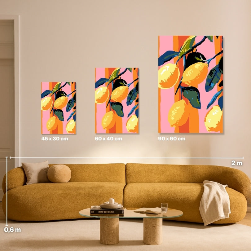Malen nach Zahlen für Erwachsene – Pink Striped Citrus: Größenvergleich Leinwand 45x30, 60x40, 90x60 cm | Habitus DIY Malset