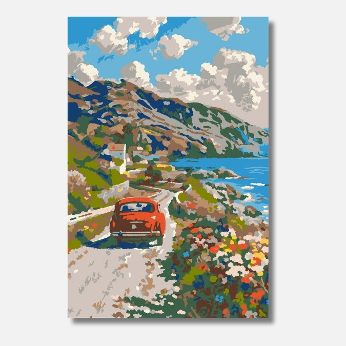 Malen nach Zahlen für Erwachsene – Roadtrip: Küstenstraße mit rotem Auto in Berglandschaft | Hochwertiges DIY Malset von Habitus