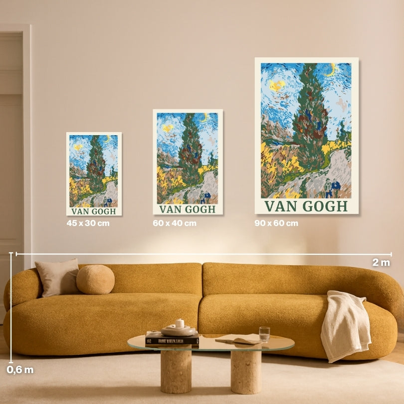 Malen nach Zahlen für Erwachsene – Van Gogh Zypressenweg: Größenvergleich Leinwand 45x30, 60x40, 90x60 cm | Habitus DIY Malset