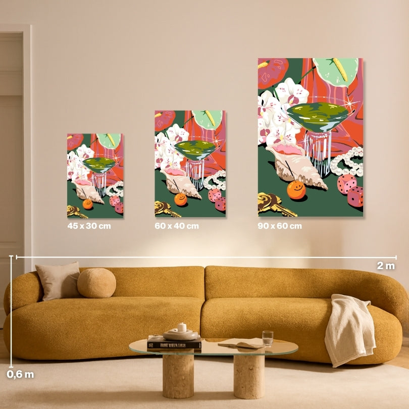 What we keep Malen nach Zahlen Größenvergleich: Cocktailglas Stillleben in 45x30, 60x40 und 90x60 cm als Wandbild für Erwachsene