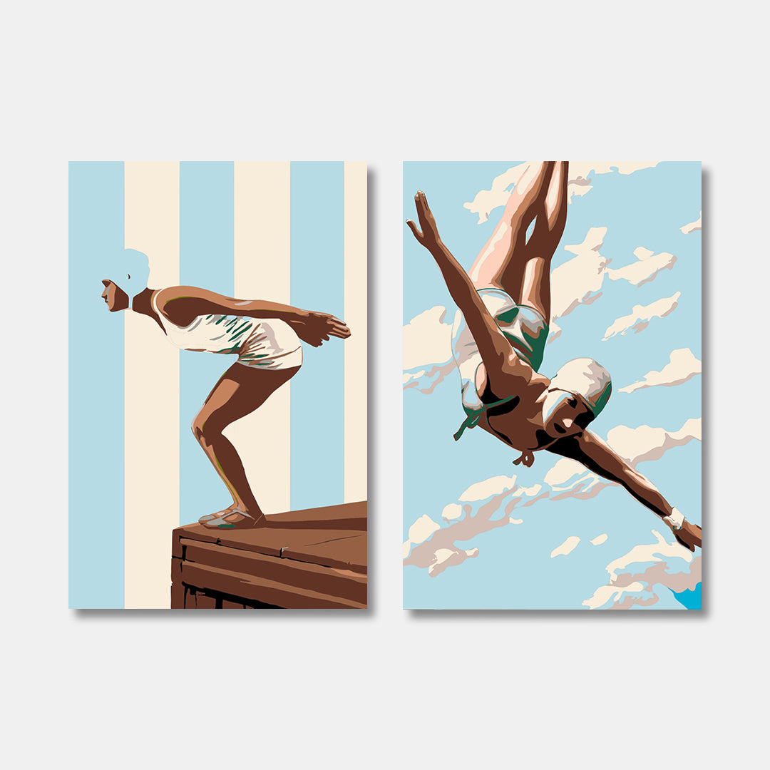 Schwimmerin Gestreift & Diver in Clouds 2-er Bundle - Malen nach Zahlen ohne Keilrahmen