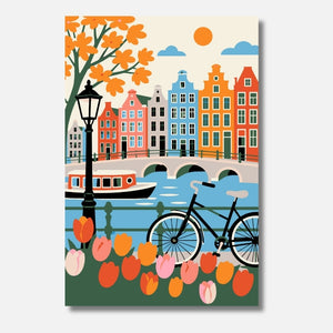 Blooming Amsterdam Mini Malen nach Zahlen für Erwachsene – Niederländische Grachtenhaeuser im Herbst, charmantes Stadtmotiv, DIY Malset Habitus