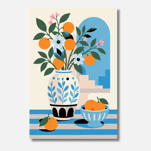 Blue Window Mini Malen nach Zahlen für Erwachsene – Mediterrane Blumen und Orangen vor blauem Fenster, hochwertiges DIY Malset Habitus
