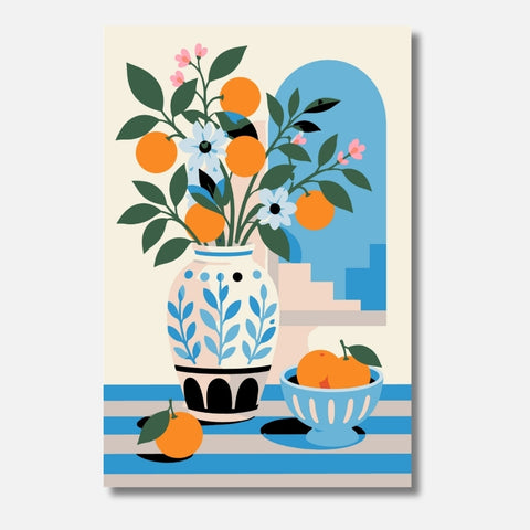 Blue Window Mini Malen nach Zahlen für Erwachsene – Mediterrane Blumen und Orangen vor blauem Fenster, hochwertiges DIY Malset Habitus