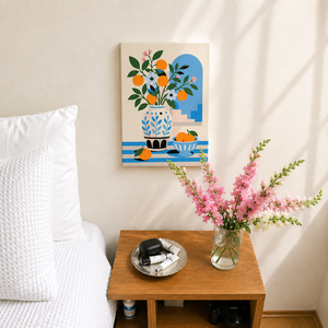Blue Window Mini Malen nach Zahlen als Wandbild im Schlafzimmer – Mediterrane Blumen und Orangen Motiv, DIY Malset Habitus