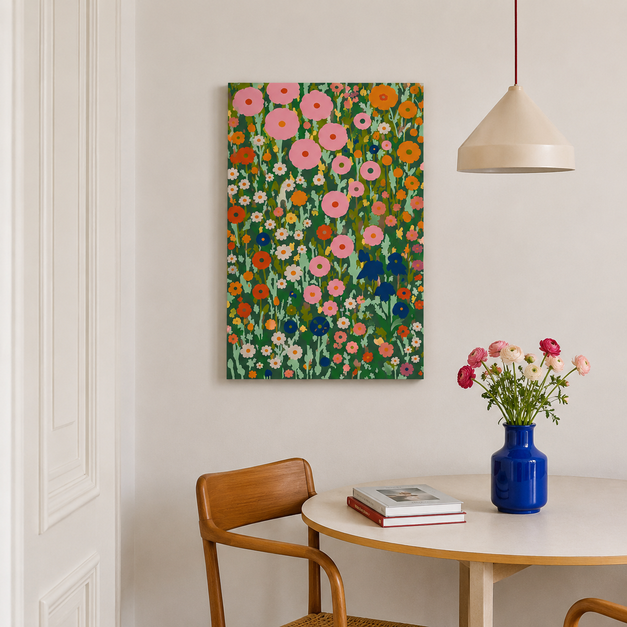 Blumenfeld inspiriert von Klimt Malen nach Zahlen Erwachsene – Buntes DIY Malset als Wandgemälde im Esszimmer