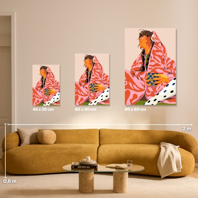 Cancelling Plans Malen nach Zahlen Größenvergleich: Kimono Frauenportrait in 45x30, 60x40 und 90x60 cm als Wandbild