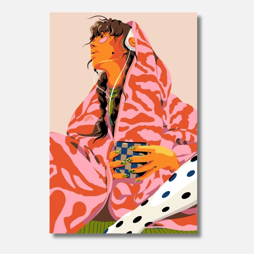 Cancelling Plans Malen nach Zahlen für Erwachsene – Modernes Frauenportrait in buntem Kimono, hochwertiges DIY Malset Habitus