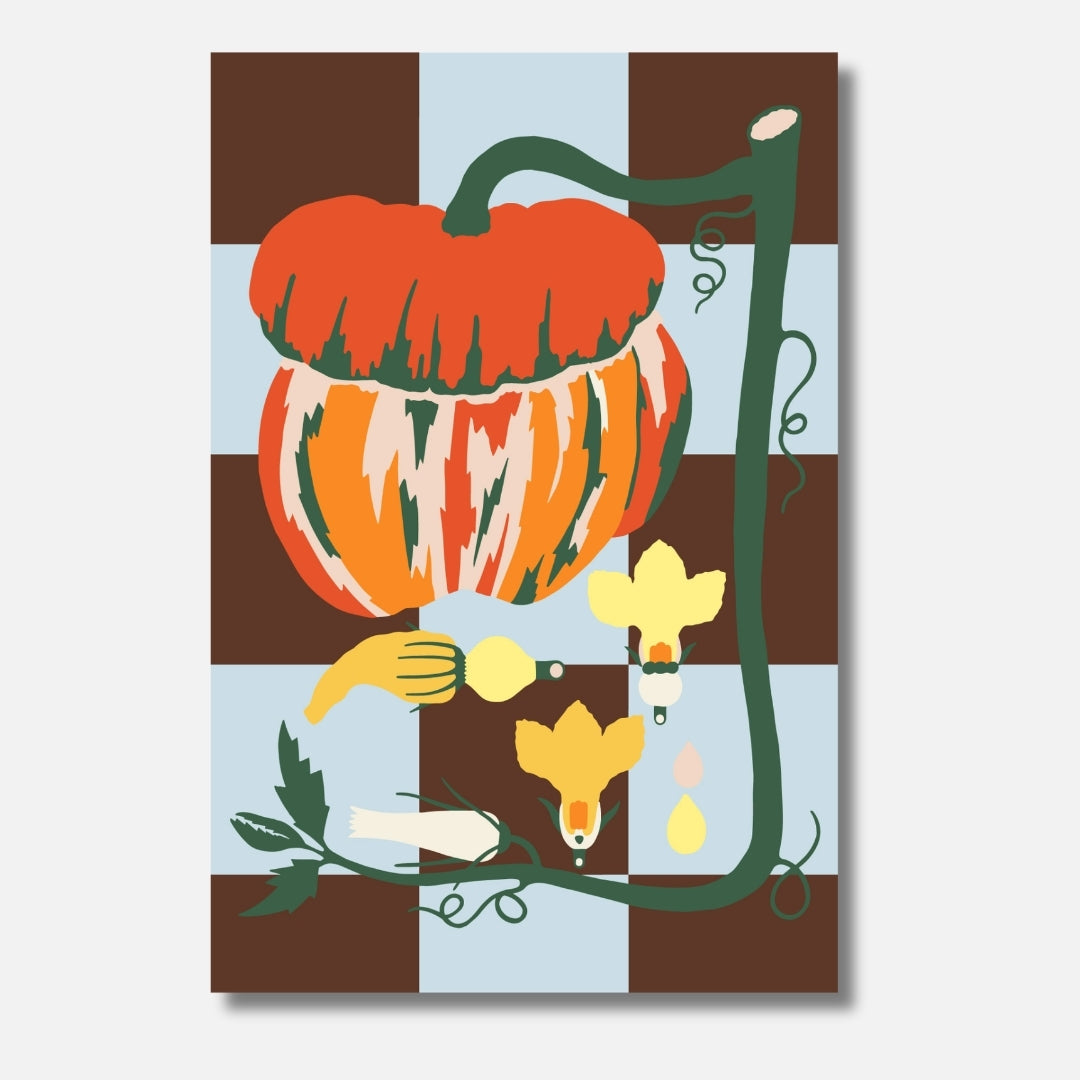 Malen nach Zahlen für Erwachsene-Kürbis: Cucurbita pepo mit Blüten auf kariertem Hintergrund/DIY Malset von Habitus
