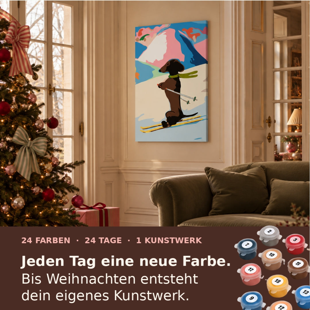 Malen nach Zahlen für Erwachsene-Dackel Abfahrt als Wandbild im Wohnzimmer/Fertiges Gemälde auf Leinwand von Habitus