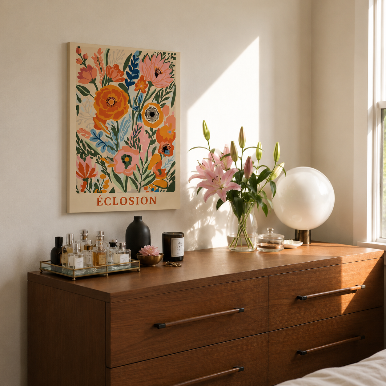 Éclosion Malen nach Zahlen Erwachsene – Buntes Blumenmalset als Wandgemälde auf Kommode, hochwertiges DIY Malset