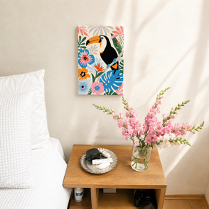 Jungle Bloom Mini Malen nach Zahlen als Wandbild im Schlafzimmer – Tukan mit Tropenpflanzen, DIY Malset Habitus