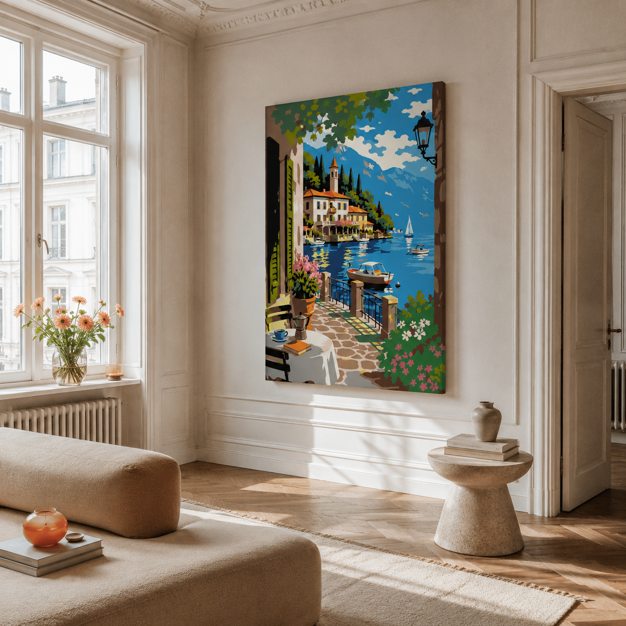 Malen nach Zahlen für Erwachsene – Lago di Como als Wandbild im Wohnzimmer | Fertiges Gemälde auf Leinwand von Habitus
