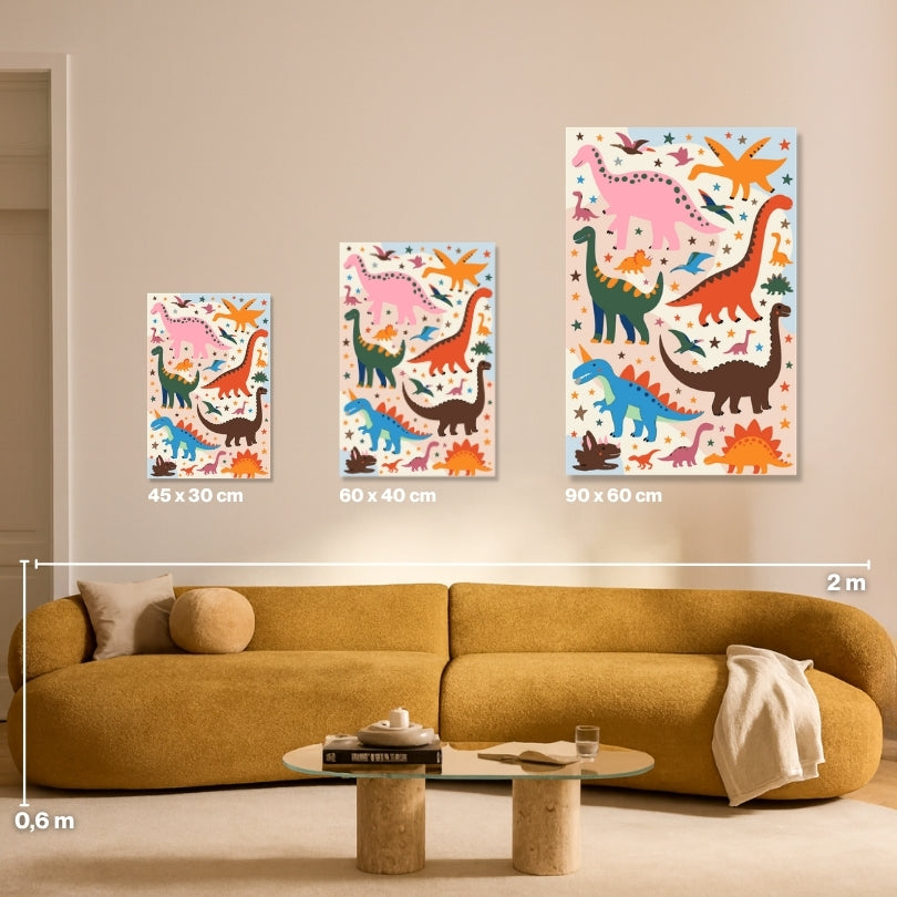 Malen nach Zahlen Dino Party Dinosaurier Groessen Vergleich Leinwand 45x30 60x40 90x60 cm - habitus studio