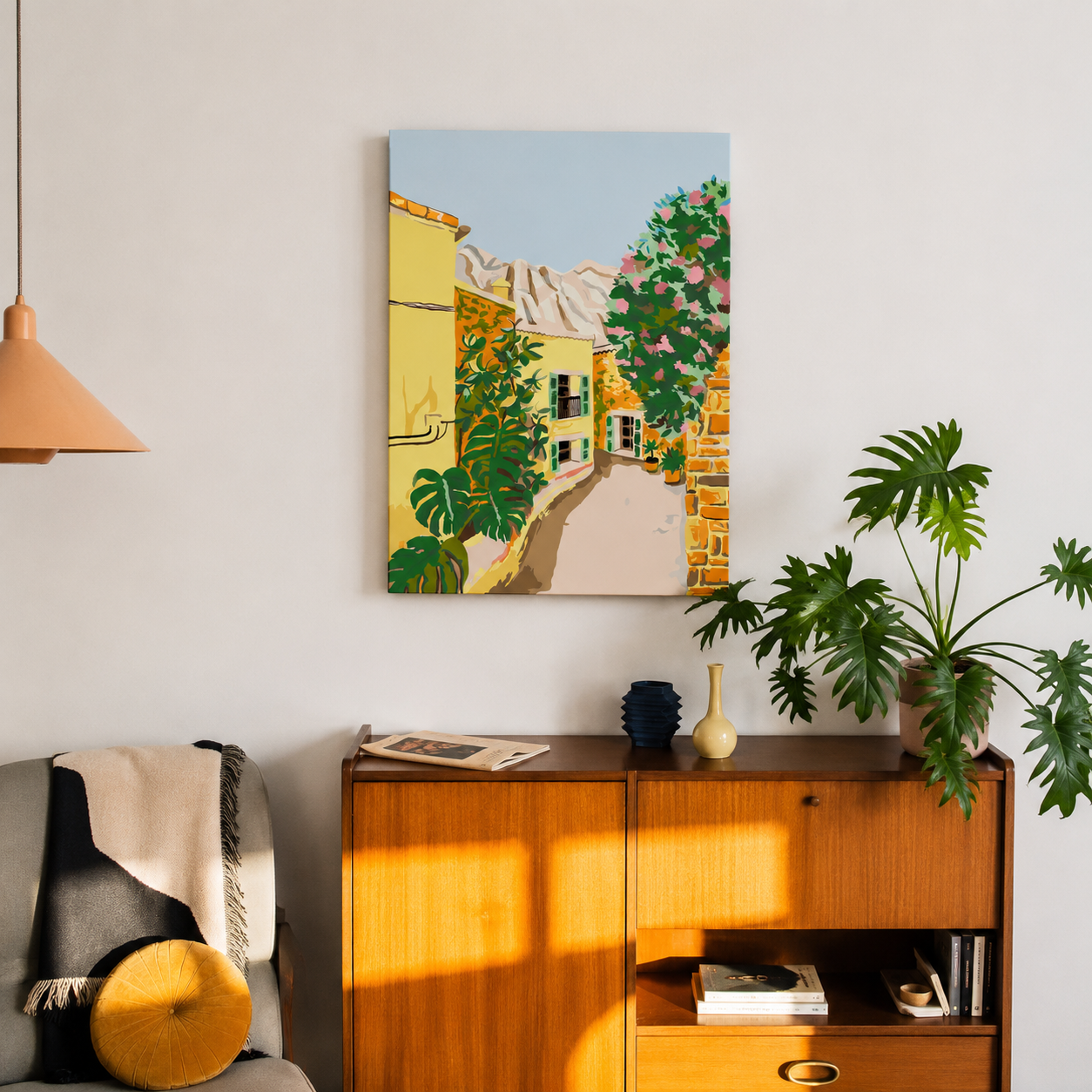 Fertiges Malen-nach-Zahlen-Bild Fornalutx als Wanddeko im Wohnzimmer