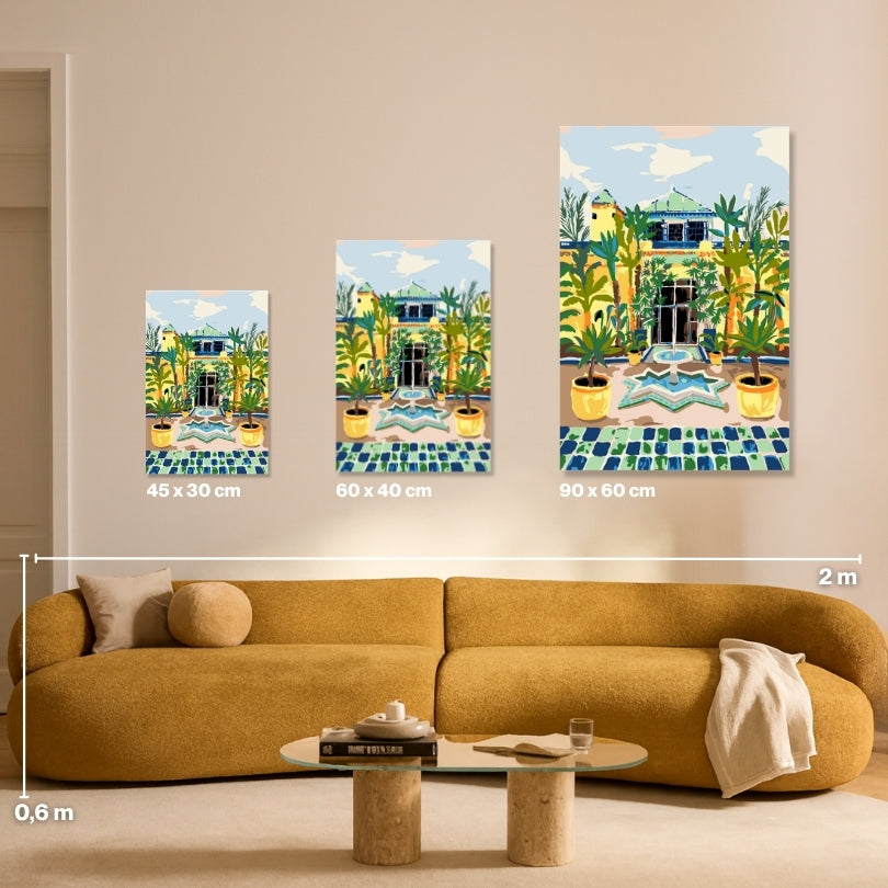 Malen nach Zahlen Größenvergleich: 45x30 cm, 60x40 cm und 90x60 cm Leinwand