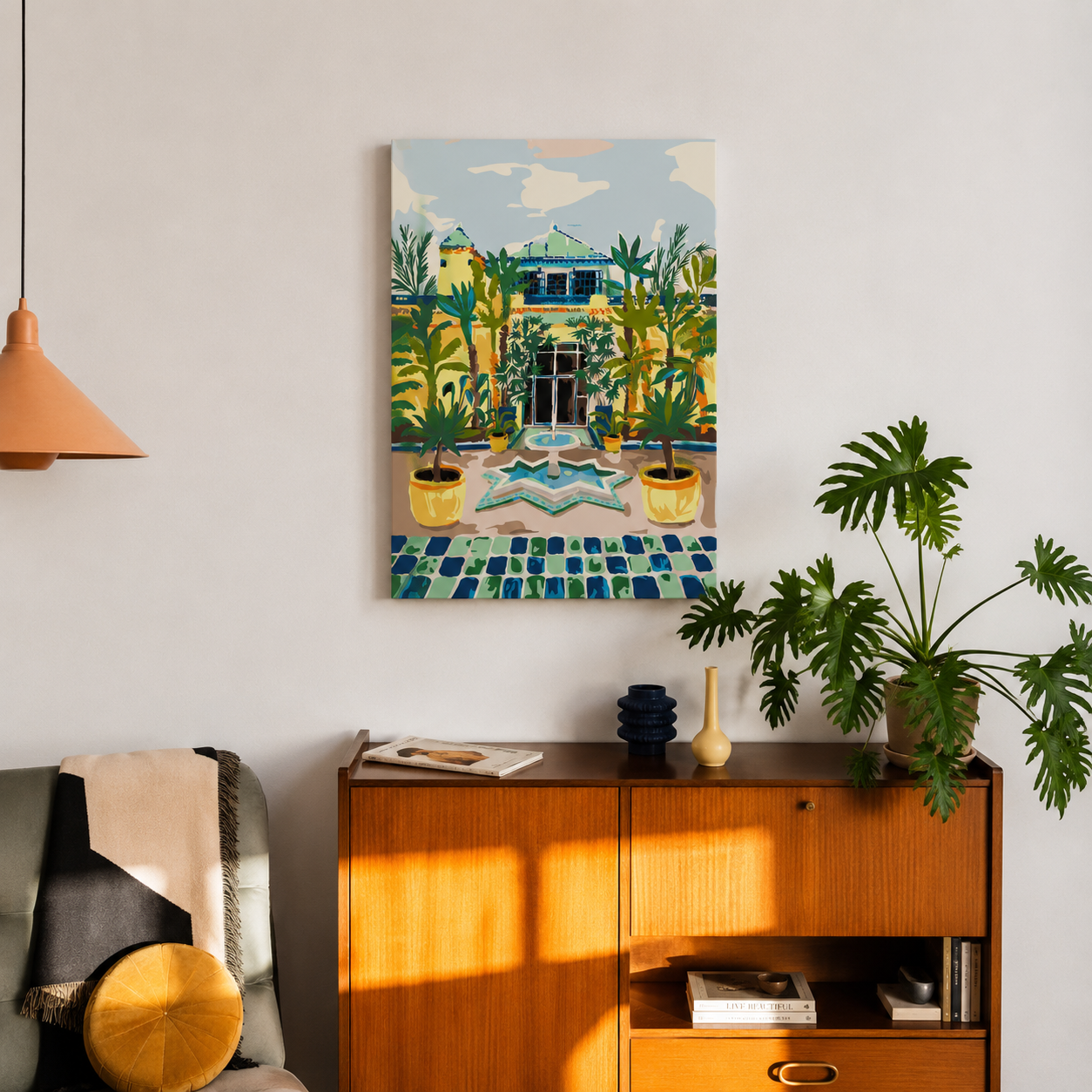 Fertiges Malen-nach-Zahlen-Bild Jardin Majorelle als Wanddeko im Wohnzimmer