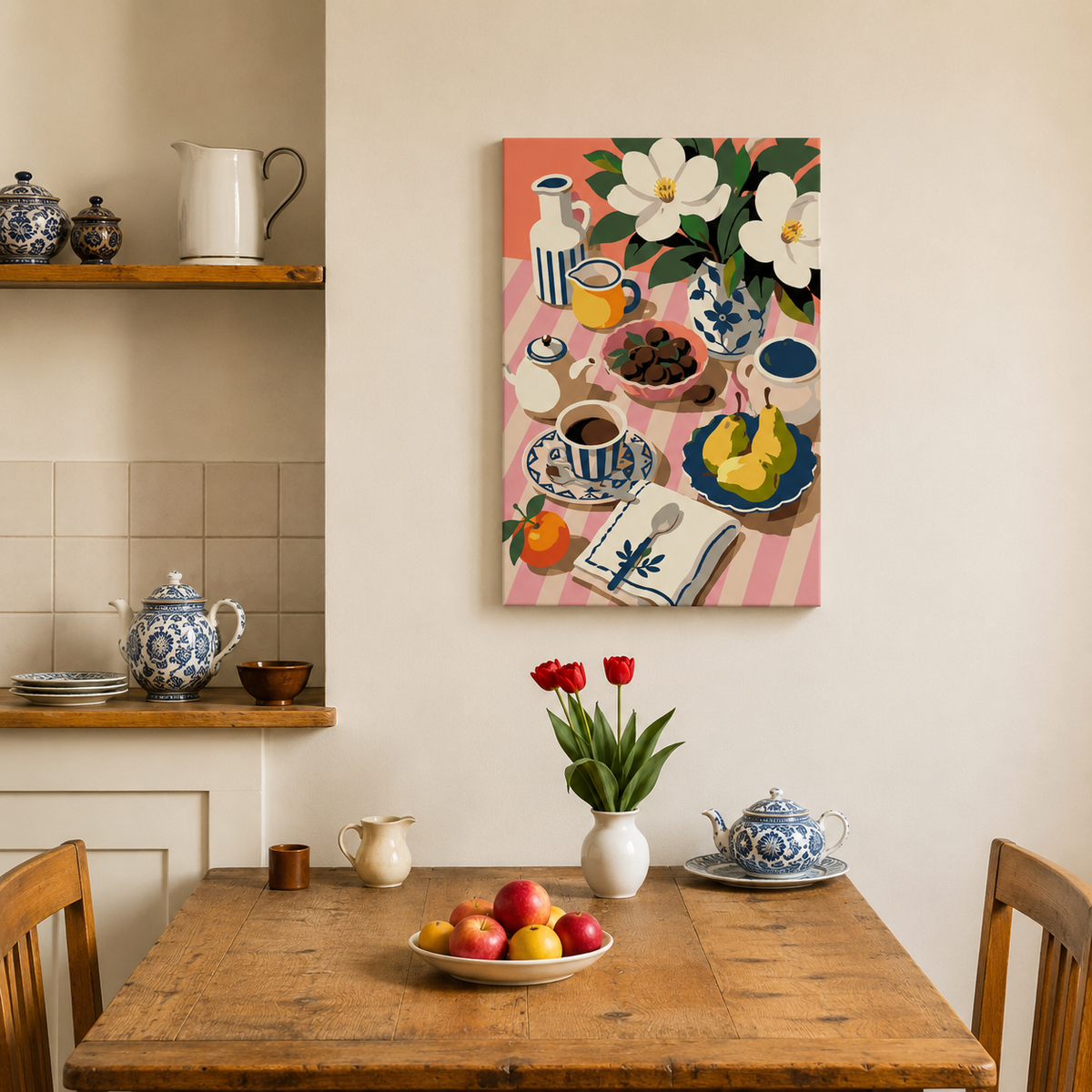 Fertiges Malen-nach-Zahlen-Bild Magnolien als Wanddeko in der Küche