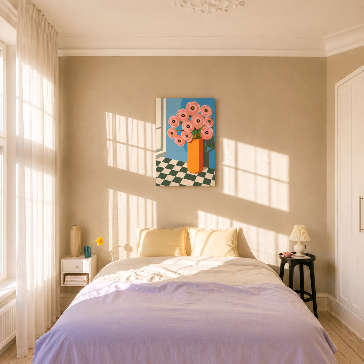 Fertiges Malen-nach-Zahlen-Bild rosa Ranunkeln als Wanddeko im Schlafzimmer