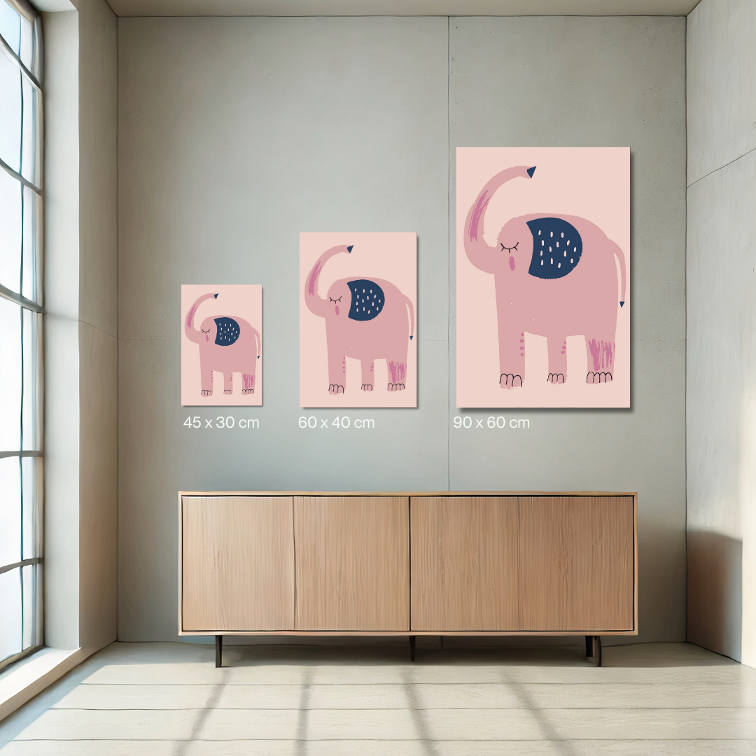 Niedliches Malen-nach-Zahlen-Motiv eines rosa Elefanten mit geschlossenen Augen, erhobenem Rüssel und dunkelblauen Details auf hellem Hintergrund. Perfekt als kreative Wanddekoration für Kinderzimmer und DIY-Kunstliebhaber.