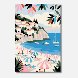 Pastel Coast Mini Malen nach Zahlen für Erwachsene – Mediterrane Küstenlandschaft in Pastellfarben mit Häusern und Meer, DIY Malset Habitus