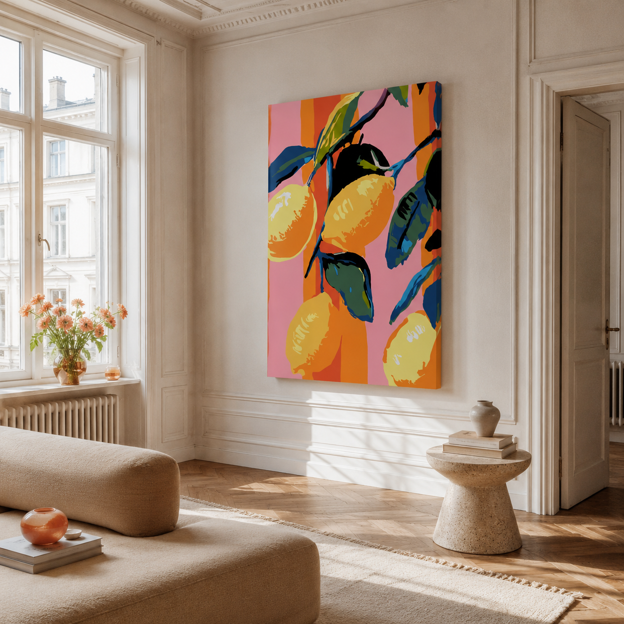 Malen nach Zahlen für Erwachsene – Pink Striped Citrus als Wandbild im Wohnzimmer | Fertiges Gemälde auf Leinwand von Habitus