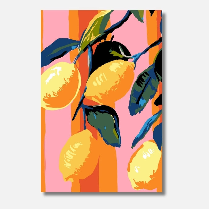 Malen nach Zahlen für Erwachsene – Pink Striped Citrus: Zitronen vor rosa Streifenhintergrund | Hochwertiges DIY Malset von Habitus