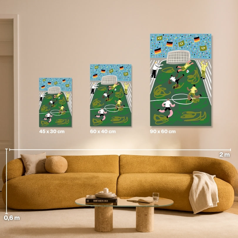 Rein da Malen nach Zahlen Größenvergleich: Fußball Vogelperspektive in 45x30, 60x40 und 90x60 cm als Wandbild