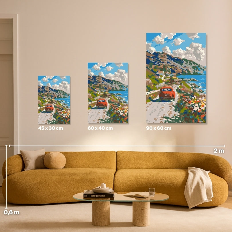 Malen nach Zahlen für Erwachsene – Roadtrip: Größenvergleich Leinwand 45x30, 60x40, 90x60 cm | Habitus DIY Malset