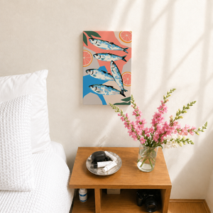 Sea Salt and Lemon Mini Malen nach Zahlen als Wandbild im Schlafzimmer – Fisch und Zitrus Motiv, DIY Malset Habitus