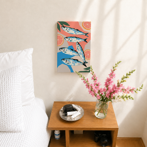 Sea Salt and Lemon Mini Malen nach Zahlen als Wandbild im Schlafzimmer – Fisch und Zitrus Motiv, DIY Malset Habitus