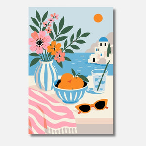 Seaside Ritual Mini Malen nach Zahlen für Erwachsene – Griechische Insellandschaft mit weissen Häusern und Blumen, DIY Malset Habitus