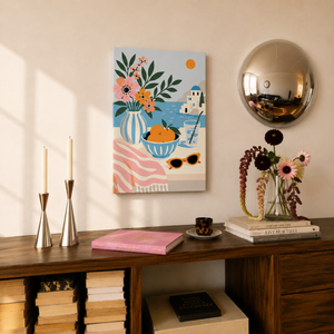 Seaside Ritual Mini Malen nach Zahlen als Wandbild über Kommode – Griechische Insel und Blumen Motiv, DIY Malset Habitus