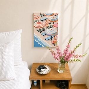 Sunny Escape Mini Malen nach Zahlen als Wandbild im Schlafzimmer – Sommer Strand Sonnenschirme Motiv, DIY Malset Habitus