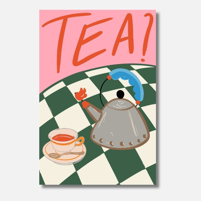 Malen nach Zahlen für Erwachsene – Tea: Retro-Teeszene mit Kanne und Tasse auf Schachbrettmuster | Hochwertiges DIY Malset von Habitus