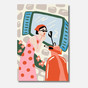 Touch up Mini Malen nach Zahlen für Erwachsene – Retro Frau beim Schminken vor Spiegel, charmantes Illustrationsmotiv, DIY Malset Habitus