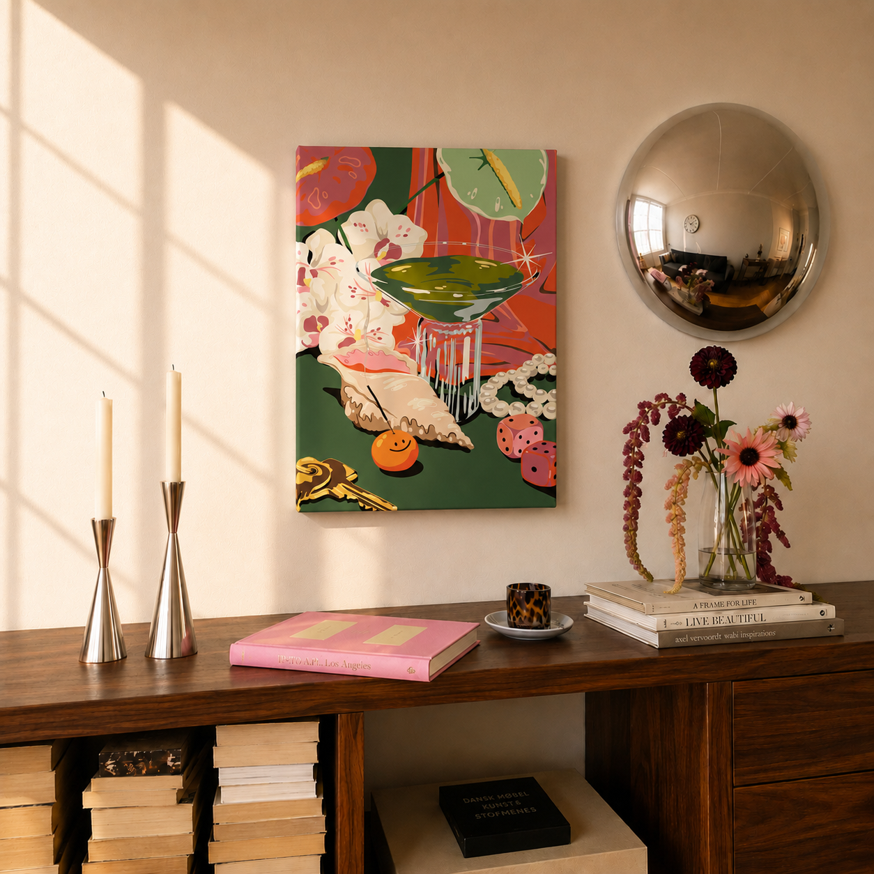 What we keep Malen nach Zahlen als Wandbild über Kommode in elegantem Wohnzimmer – Stillleben DIY Malset Habitus